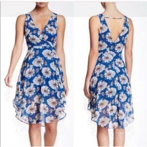 ASTR The Label Women's Blue White Floral V-Neck Hi Low Dress Size M